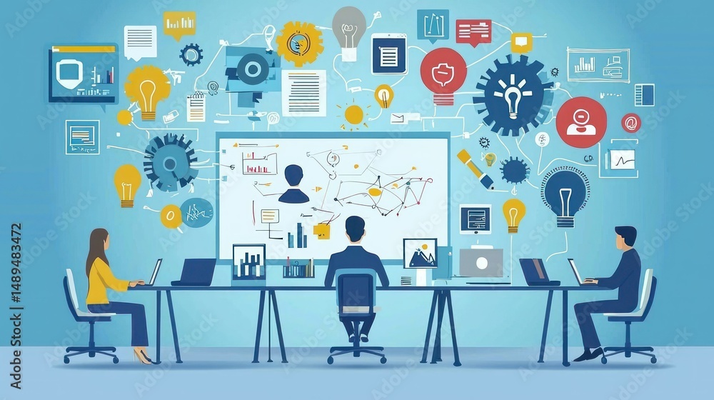 A business team brainstorming ideas in a meeting room, collaborating with laptops, tablets, and whiteboard tools A business team brainstorming ideas in a meeting room, collaborating with laptops, tablets, and whiteboard tools