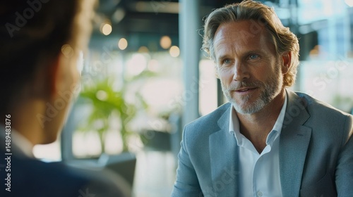 A businessman in a modern office, having a conversation with his team, while a digital presentation is displayed on a screen