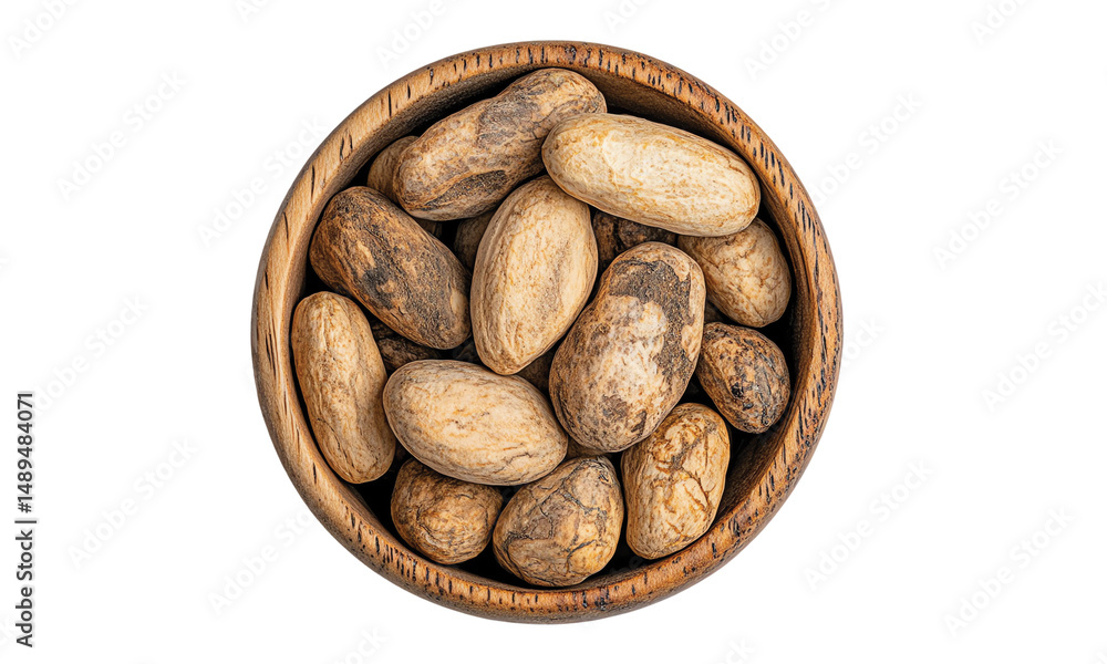 Obraz premium Nutmeg wooden bowl top view isolated on transparent white background, clipping path ,png
