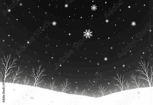 Snowy Night Landscape with Falling Snowflakes
