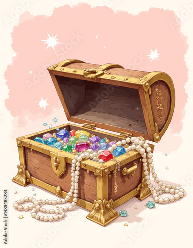 Treasure Chest Overflowing with Jewels and Pearls