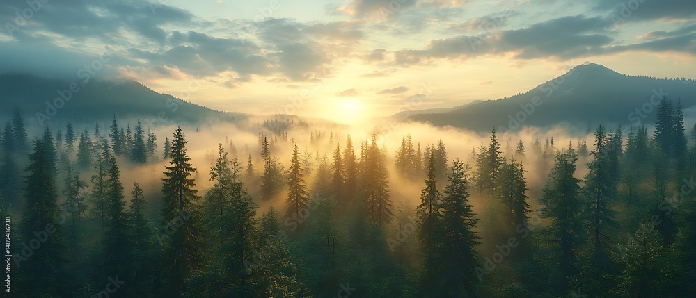 Fototapeta premium Sunrise over a misty mountain forest