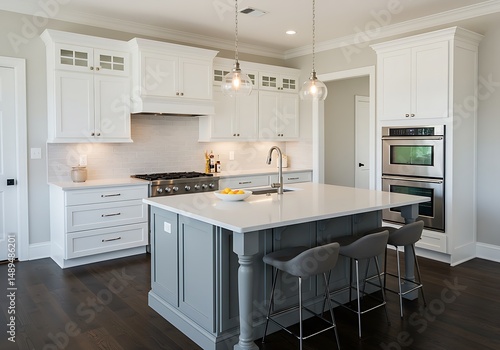 Modern farmhouse style kitchen with white shaker cabinets and a striking gray kitchen island providing seating and a focal point