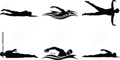 Dynamic Swimming Silhouette Clipart SVG Bundle– Athlete Style Clipart. Swimming Black Vector Illustration Isolated on white Background. Olympic Swimmer, Retro & Modern Swimmer, Swimming Action Poses.