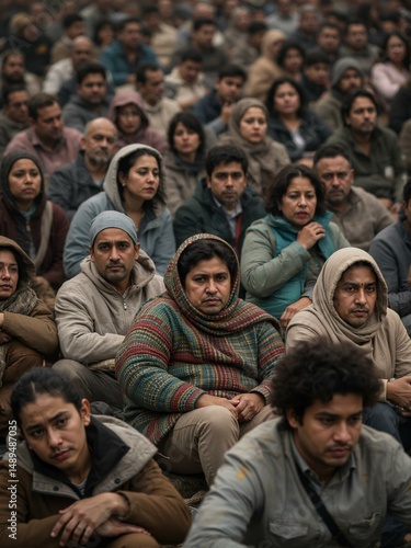 A group of people sitting together with serious expressions on their faces.