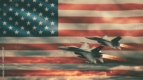 Obraz na płótnie American Fighter Jets in Flight, Dramatic Sunset