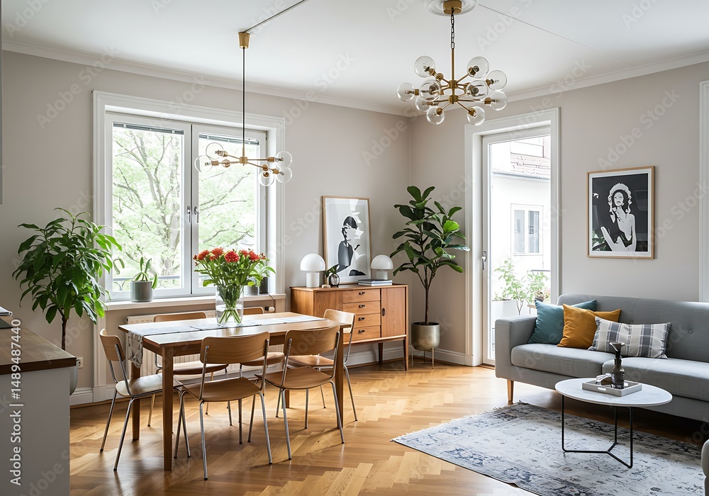 Fototapeta premium Bright living and dining room view