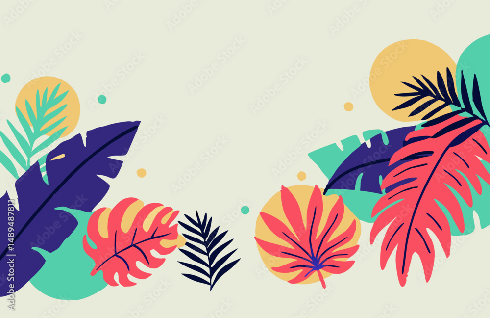 Obraz premium Tropical Leaves Background: Colorful Palm & Monstera Illustration
