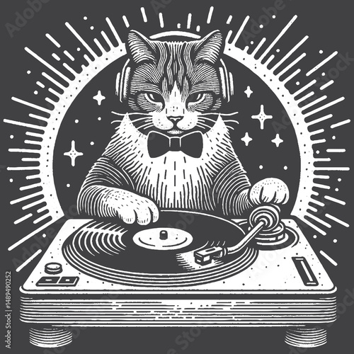 Rustic Cat Drawing – Vintage Musical Pet Vector Artwork for Party Apparel, Posters, and T-Shirt Designs on Dark Background