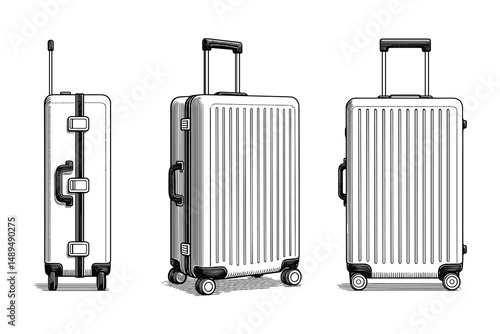 Isolated luggage set, trolley suitcases with telescopic handles. Traveling cases for vacation.