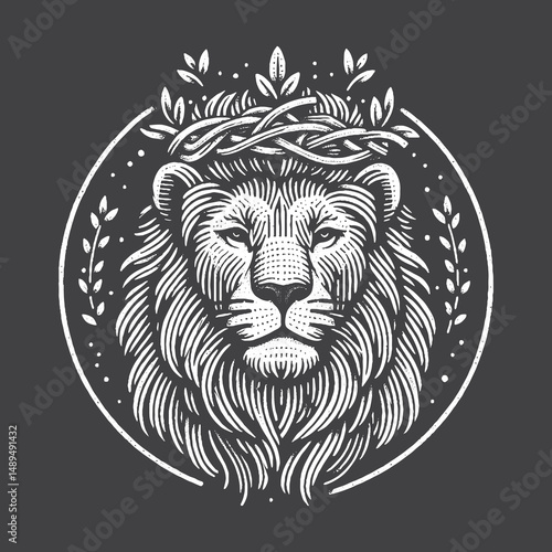 Rustic Lion Wearing Crown Made of Twigs Drawing – Vintage Noble Wildlife Animal Vector Artwork for Royalty Apparel, Posters, and T-Shirt Designs on Dark Background