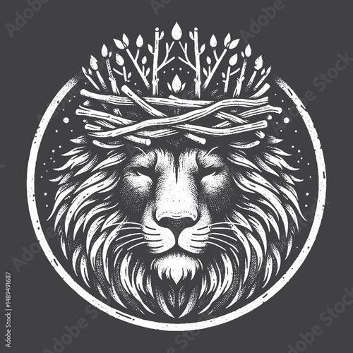 Rustic Lion Wearing Crown Made of Twigs Drawing – Vintage Noble Wildlife Animal Vector Artwork for Royalty Apparel, Posters, and T-Shirt Designs on Dark Background