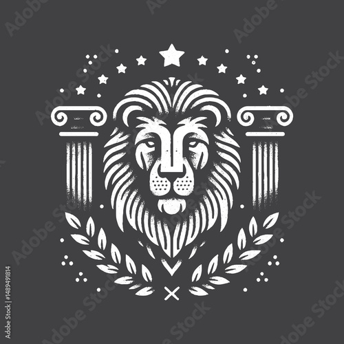 Rustic Lion with Cape and Rustic Emblem Drawing – Vintage Heroic Wildlife Animal Vector Artwork for Regal Apparel, Posters, and T-Shirt Designs on Dark Background