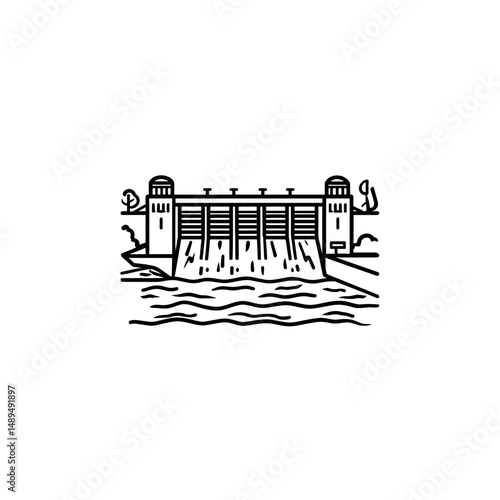 Hydroelectric dam discharges power over water in nature scene