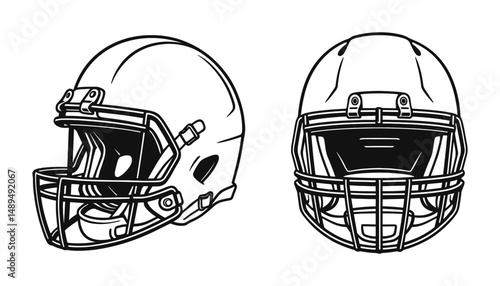 Detailed American Football Helmet Outlines, Front and Side Views