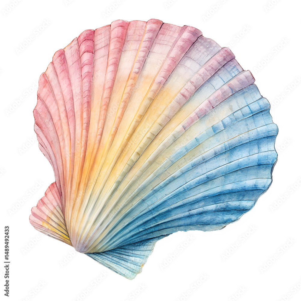 Fototapeta premium Watercolor Pastel Colored Seashell With Detailed Ridges isolated on transparent background