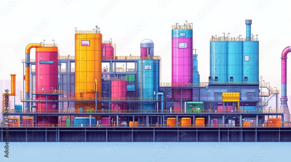 Obraz premium Vibrant industrial complex with colorful storage tanks and pipes against a serene backdrop