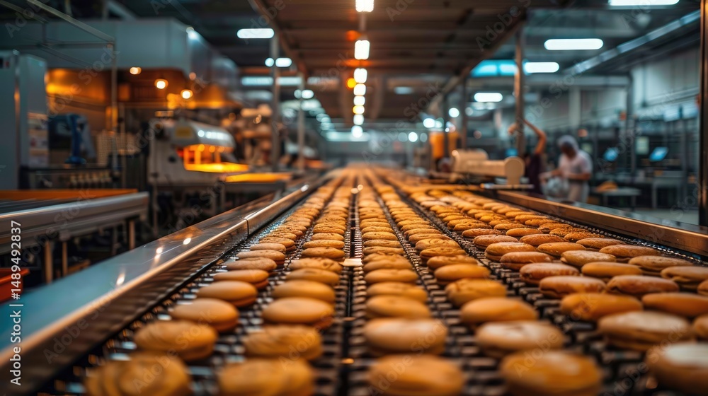 Obraz premium Industrial bakery with dough being kneaded in large mixers, high-speed bread cutting machines, and automated frosting dispensers.