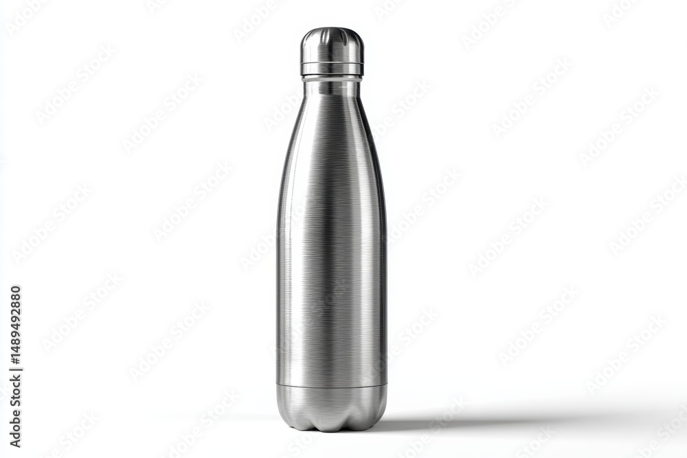 A stainless steel water bottle standing upright on white A stainless steel water bottle standing upright on white