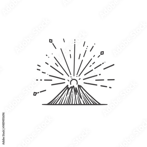 Stylized volcano erupts displaying light rays modern scene design