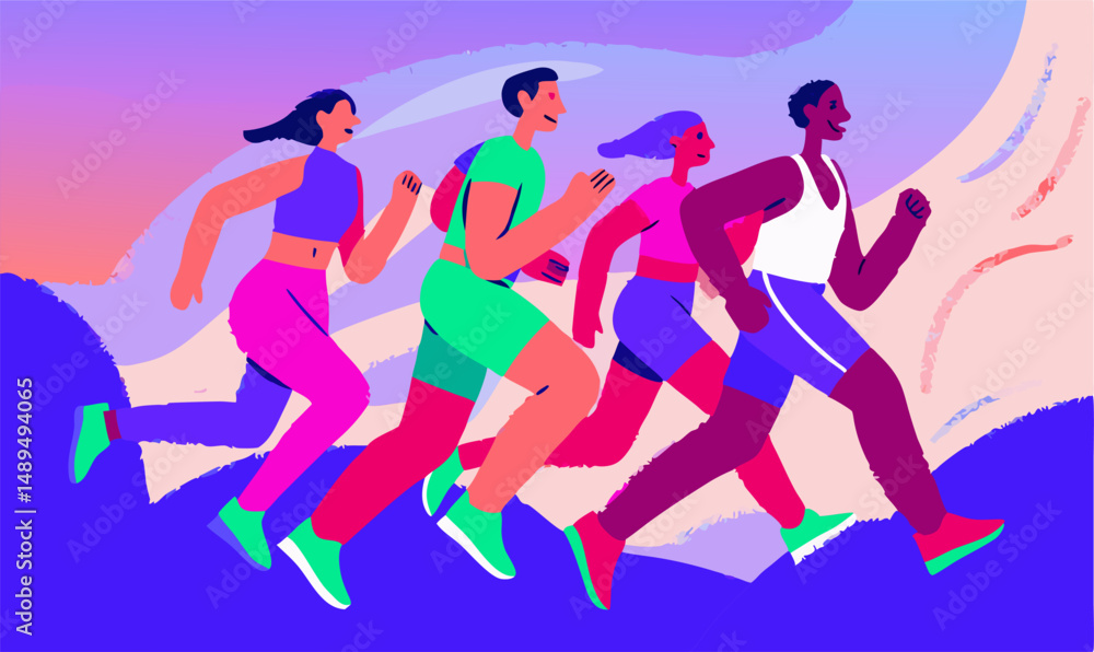 Diverse Group of Friends Running Together Outdoors Diverse Group of Friends Running Together Outdoors