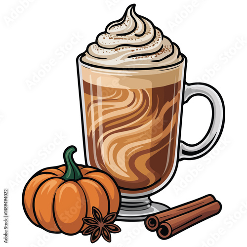 Aromatic pumpkin spice latte with creamy topping isolated vector illustration on white background