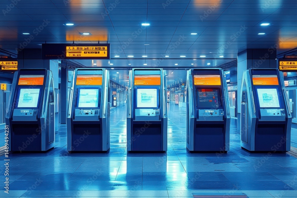 Fototapeta premium Row of ticket vending machines in a brightly lit modern subway station with reflective floors and illuminated signboards