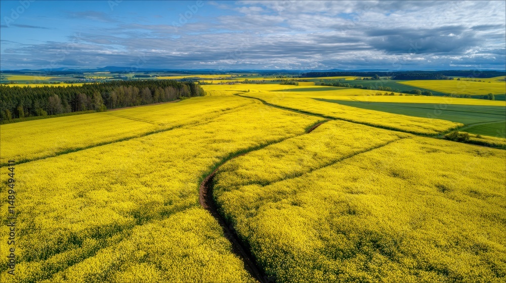 Obraz premium Expansive rapeseed field, aerial view
