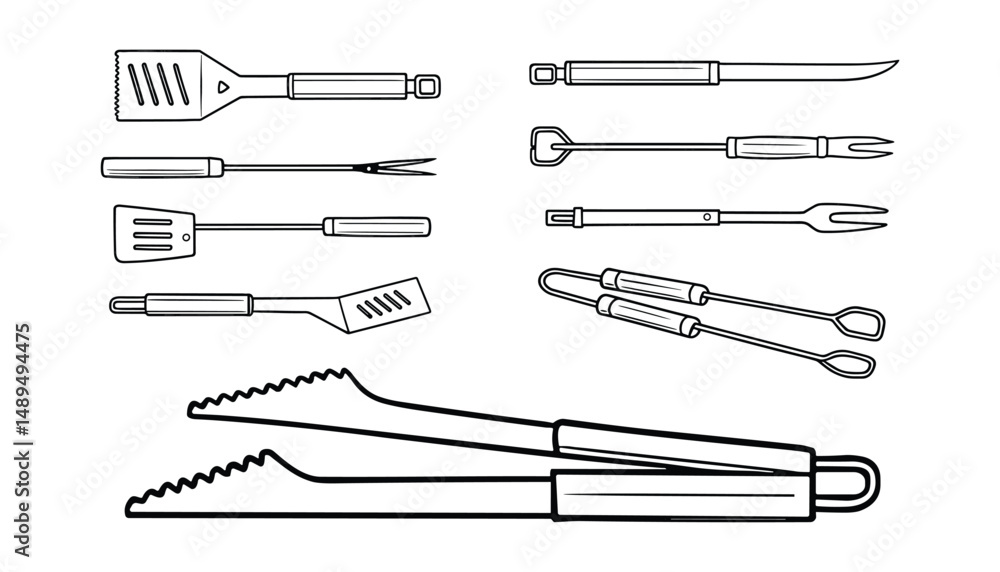Collection of Cooking Utensils in Black and White, Kitchen Accessories and Grill Tools Collection of Cooking Utensils in Black and White, Kitchen Accessories and Grill Tools