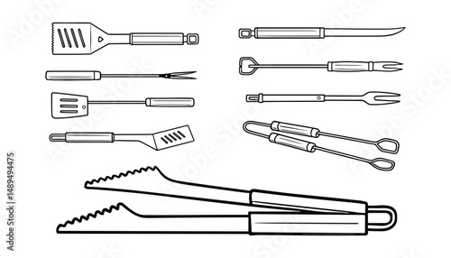 Collection of Cooking Utensils in Black and White, Kitchen Accessories and Grill Tools