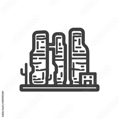 Desert buttes rise above arid landscape silhouette illustration