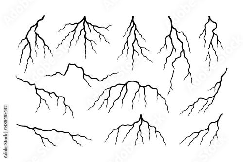 Collection of Isolated Black Lightning Strikes, Thunderbolts, and Electrical Discharges