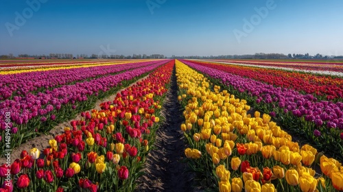 Vibrant tulip fields in rows under a clear blue sky (1)