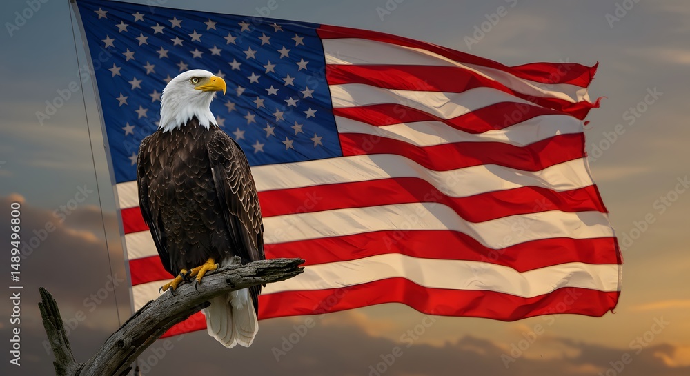 Naklejka premium Bald eagle perched before waving Stars and Stripes against a twilight sky.