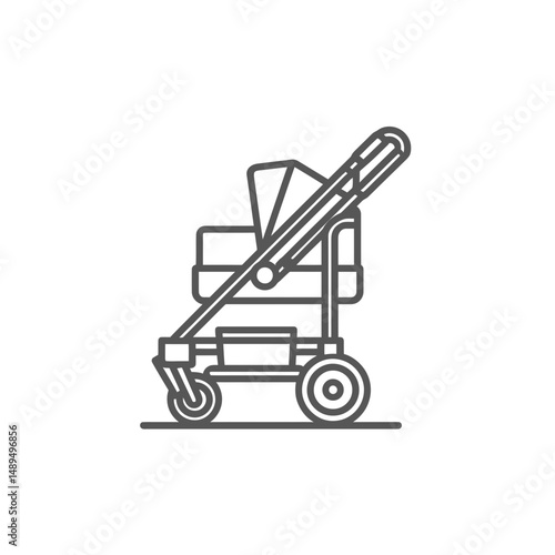 Modern stroller icon presents minimalist baby conveyance outline