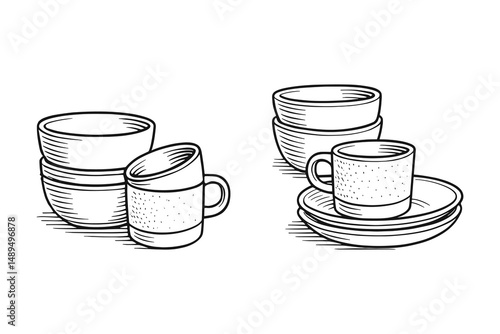 Hand-drawn illustration of dishes and a mug on white background