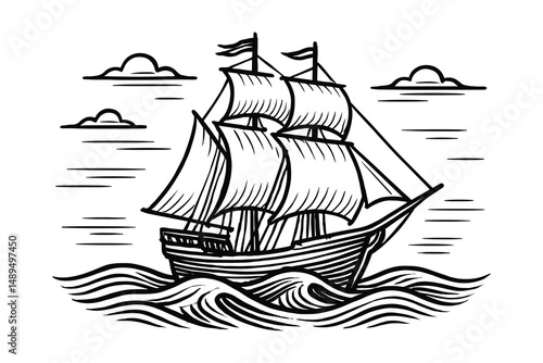 Sailing Ship on the Ocean Waves: Detailed Engraving of a Nautical Vessel