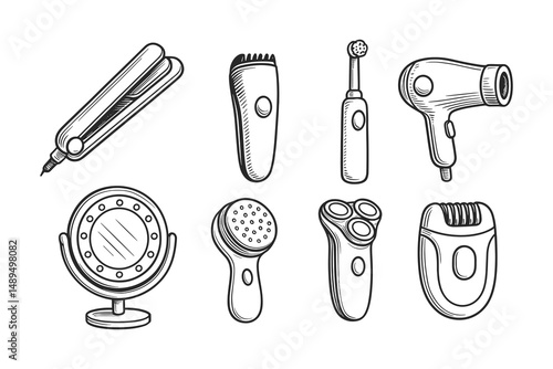 Collection of Beauty and Grooming Tools: Stylized Line Art Illustration for Personal Care