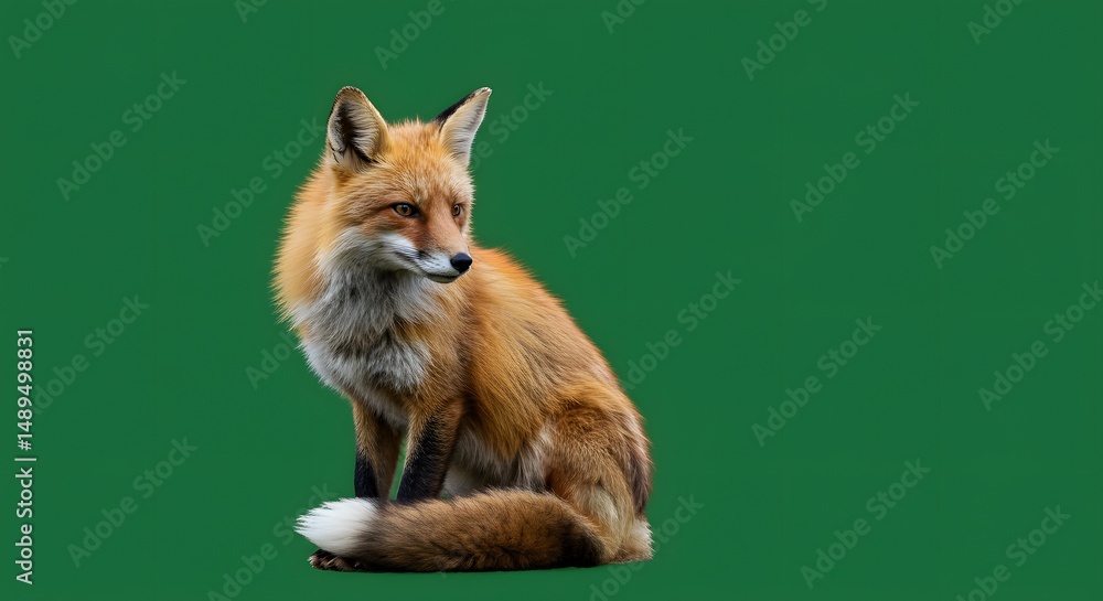 Obraz premium Red Fox Seated, Isolated Against Solid Green Background, Studio Lighting.