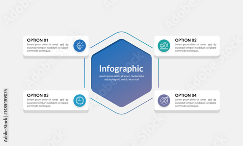 Modern hexagon infographic design with 4 options. Presentation, Banner, Plan and Information. Vector illustration.