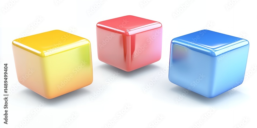 Fototapeta premium Three glossy cubes in vibrant red yellow and blue colors isolated on white background ideal for presentations or design projects showing choices options or selections