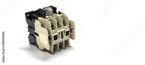 Magnetic contactor on white background. Electrical control equipment.