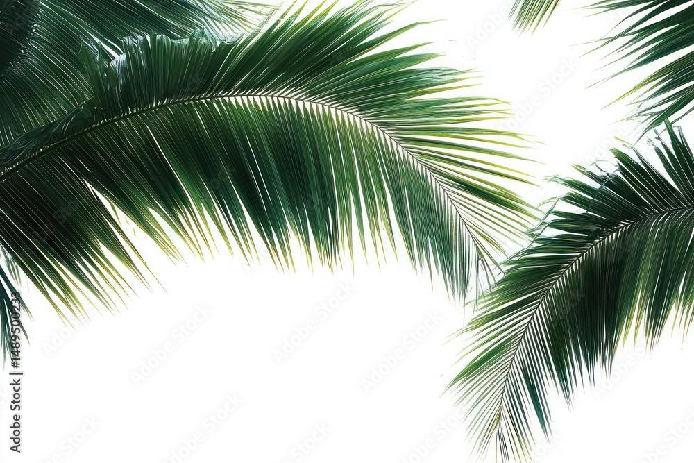 Naklejka premium Close-up of green palm tree leaves against a bright white sky background creating a tropical and fresh atmosphere