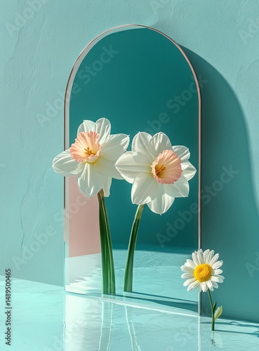 Wallpaper Mural Two white and pink daffodil flowers reflected in an arched mirror against a teal wall with a single daisy flower reflected below Torontodigital.ca