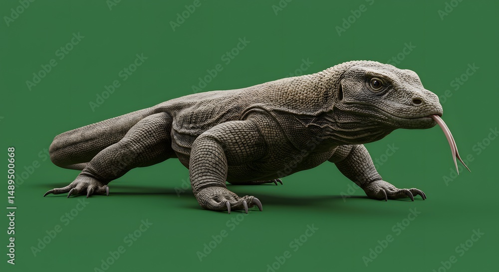 Obraz premium Large lizard with forked tongue, textured skin on solid green.