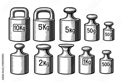Engraved Illustration of Assorted Weighing Mass Weights, Scale Weights from Kilos to Grams
