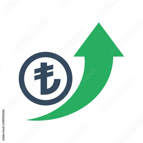turkish lira coin with green exponential up arrow, economic growth indicator, stock exchange market positive trend, rising income pictogram