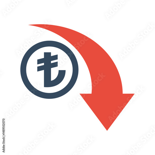 turkish lira coin with red exponential down arrow, economic falling indicator, stock exchange market negative trend, decreased income pictogram