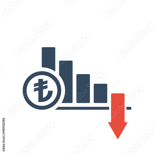 falling trend bar chart with turkish lira sign and red down arrow, turkish currency inflation indicator or income forecast vector icon