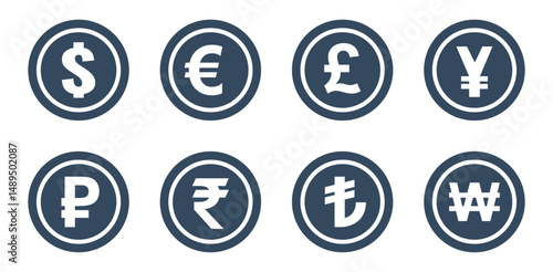 dollar, euro, pound, yen, yuan, rubble, rupee, lira, won, currency coin icons set
